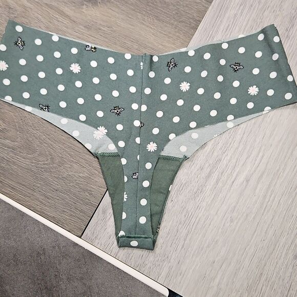 PINK Victorias Secret NO SHOW THONG FOREST GREEN POLKA DOTS & BEES New Small - Picture 8 of 14